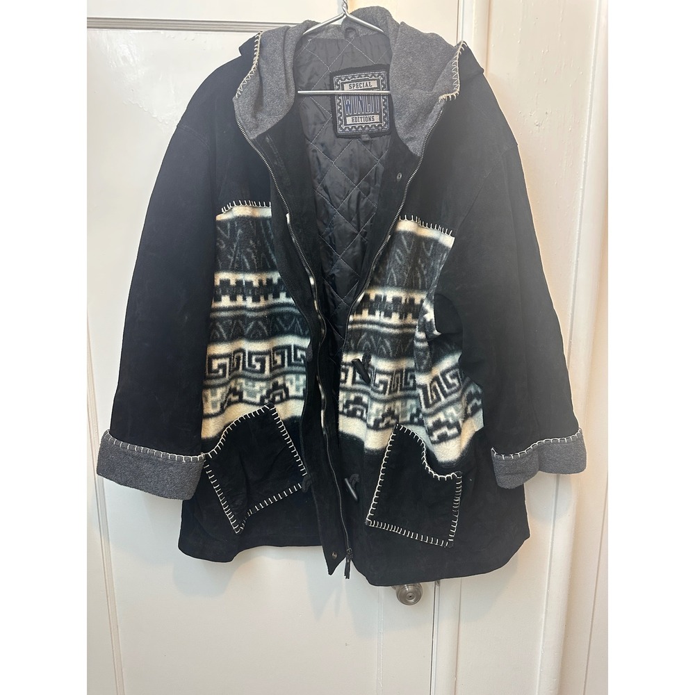 Winlit Special Editions Black Suede Southwestern Geometric Hooded Jacket Mens